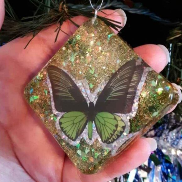 Set of 2 Butterfly Christmas Tree Ornaments Handmade Resin And Glitter - Picture 5 of 7